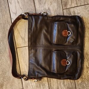 Nino Bossi Chocolate Brown Pebble Leather Hobo Bag - Floral Lining